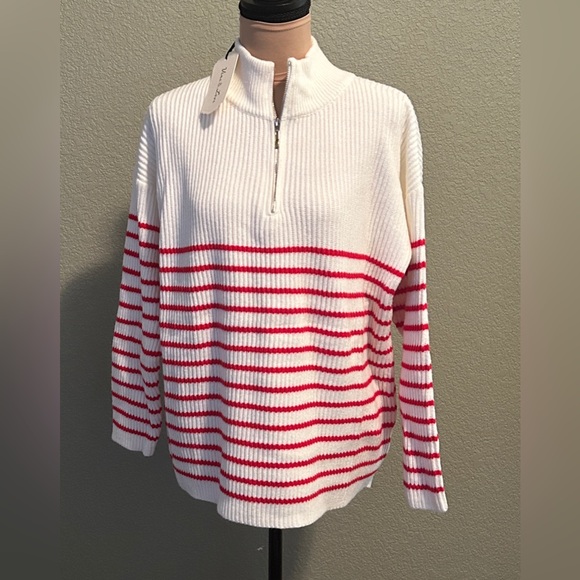 Vine & Love NWT Red White Striped Half Zip Sweater M - Picture 2 of 8